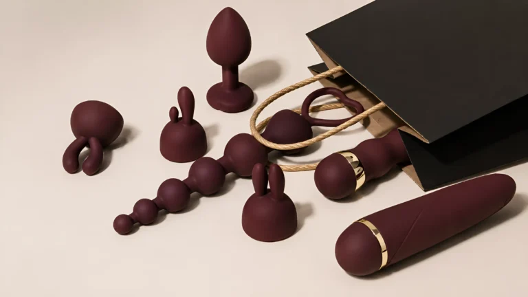 Beginner-friendly sex toys arranged beside black gift bags on a warm ivory surface