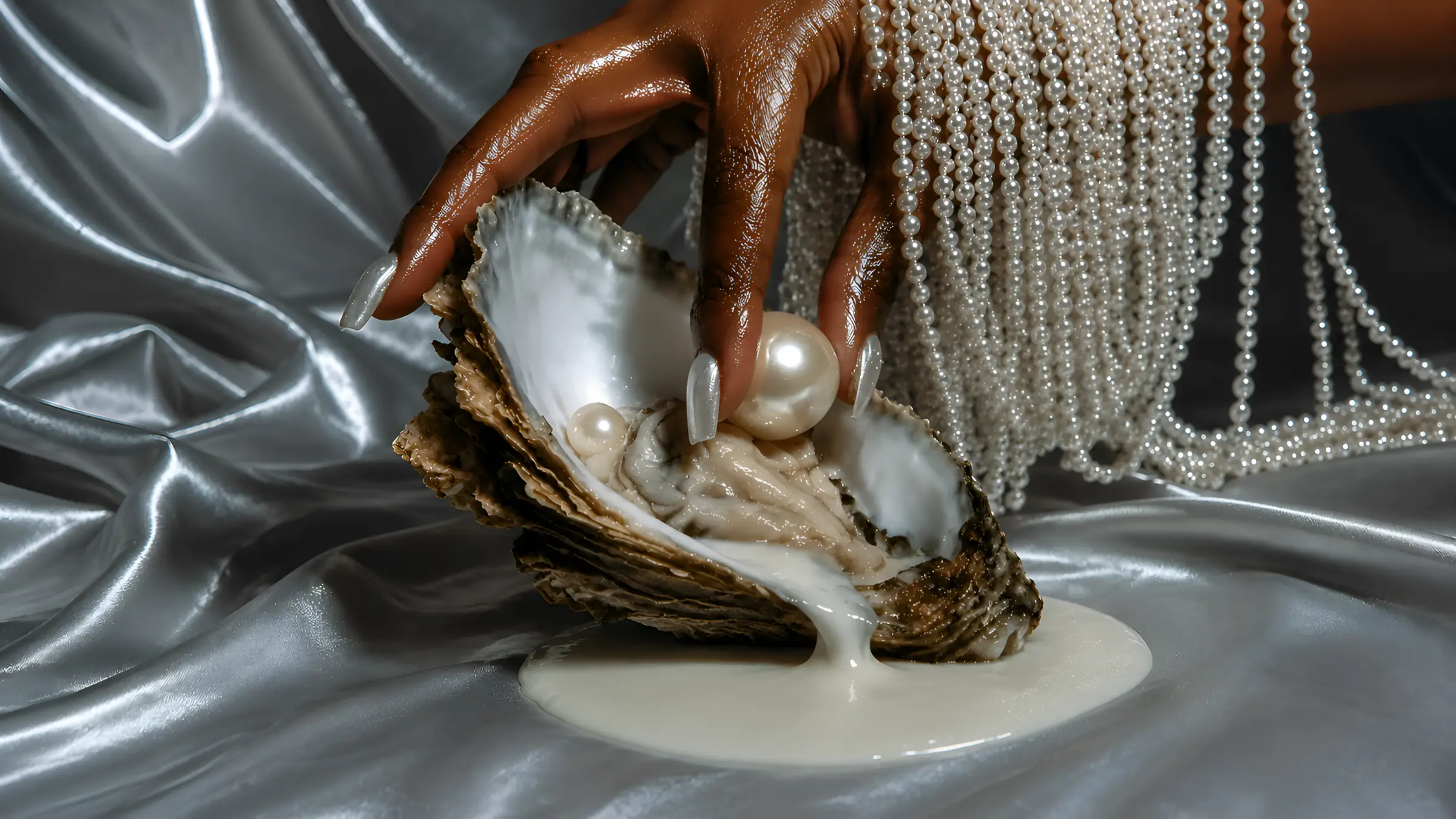G-spot guide with a hand lifting a pearl from an open oyster on silver satin