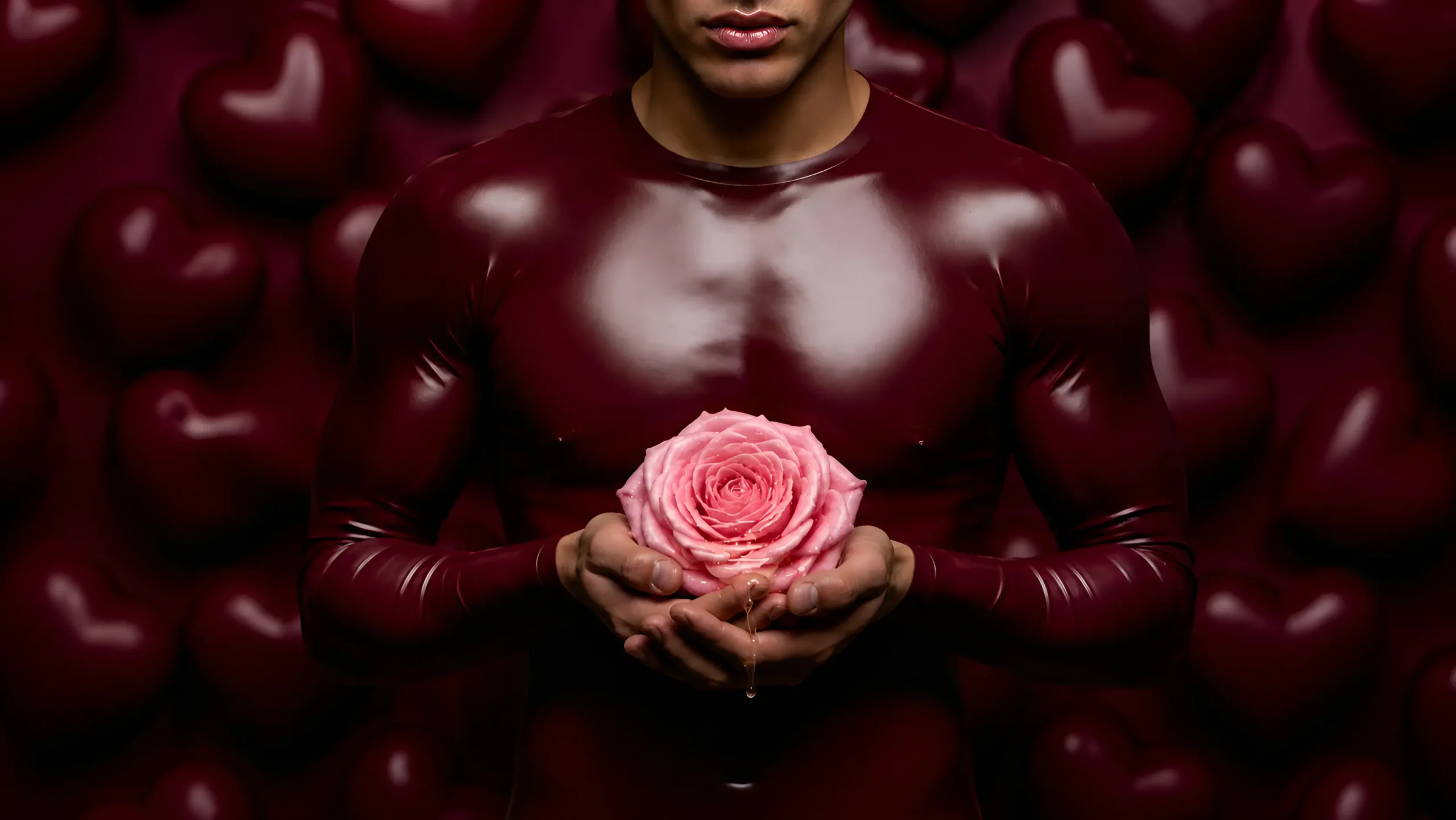 Man in burgundy holding a pink rose against glossy heart shapes, illustrating P-spot exploration