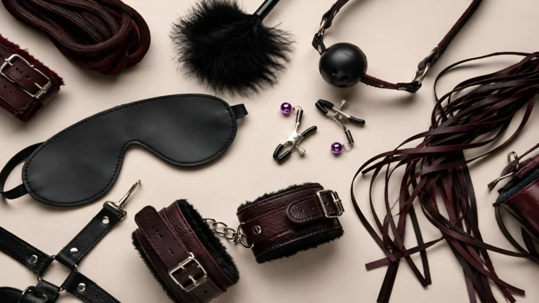 Sensory play for beginners with a black blindfold, burgundy cuffs and textured accessories on a warm ivory surface