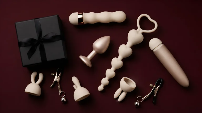 Ivory silicone pleasure products and metal accessories arranged on a deep burgundy background