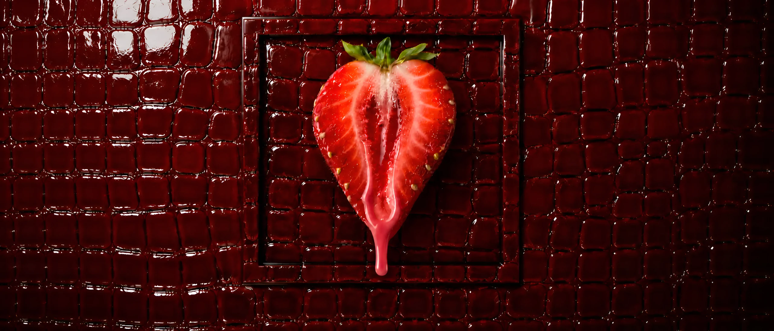 NUDALURE premium intimate wellness editorial featuring a strawberry on deep burgundy texture